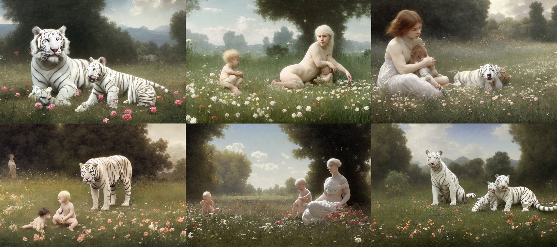Large Albino White Tiger Sits Beside a Small Child in a Field of Flowers