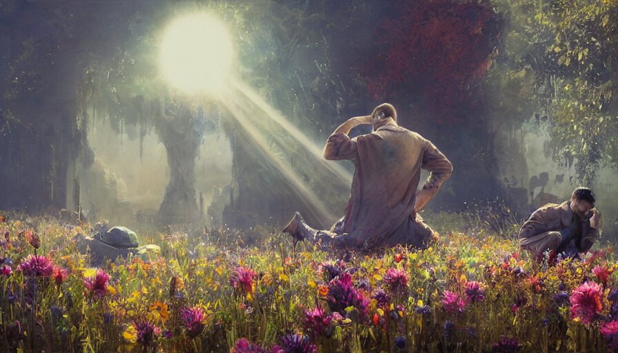 Craig Mullins a Man in Robes Kneels and Prays in a Field of Flowers
