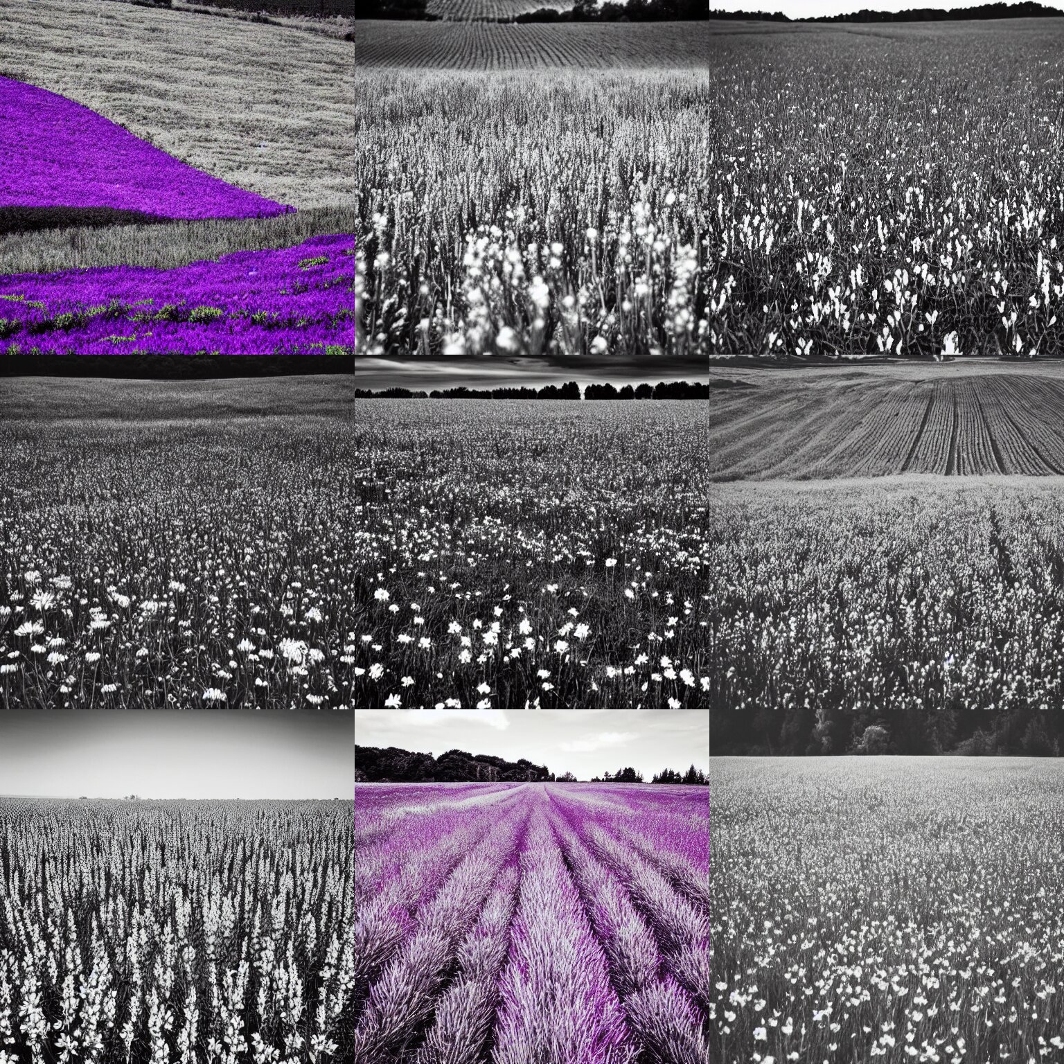 Incredible Black and White Artwork of a Field with Purple Flowers