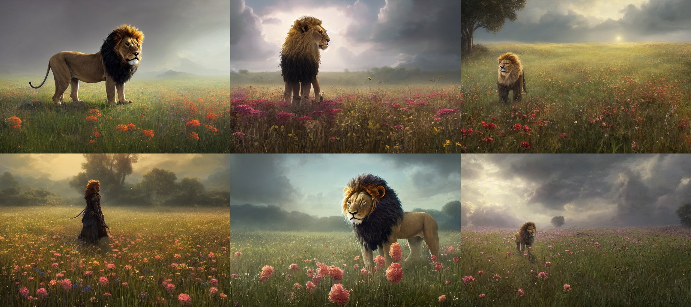 Lion Stands in a Field of Flowers