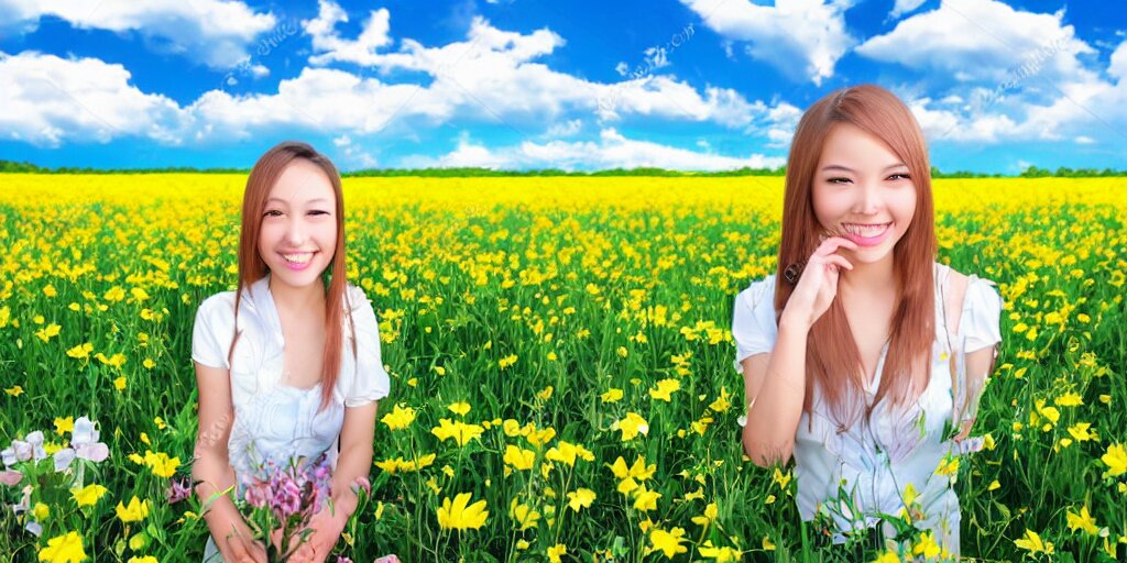 Smiling Anime Girl in the Middle of a Flower Field