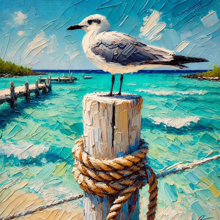 Seagull on Pole by Turquoise Waters