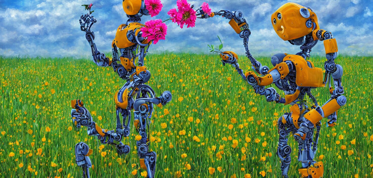Detailed Digital Painting of a Robot Picking a Flower in a Beautiful Open Field