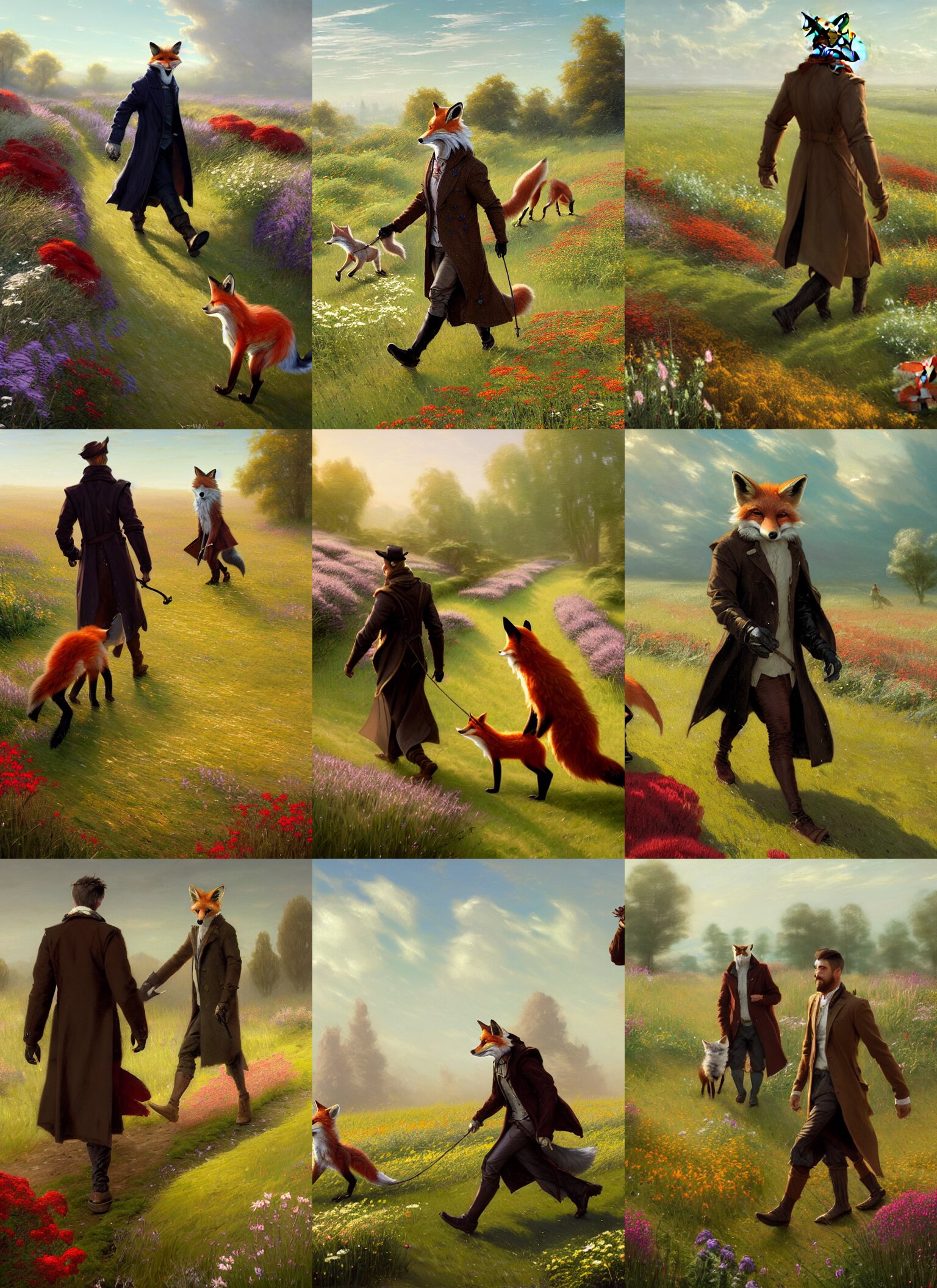 Anthropomorphic Fox Man Wearing a Long Coat Walking Another Fox Across a Field of Flowers