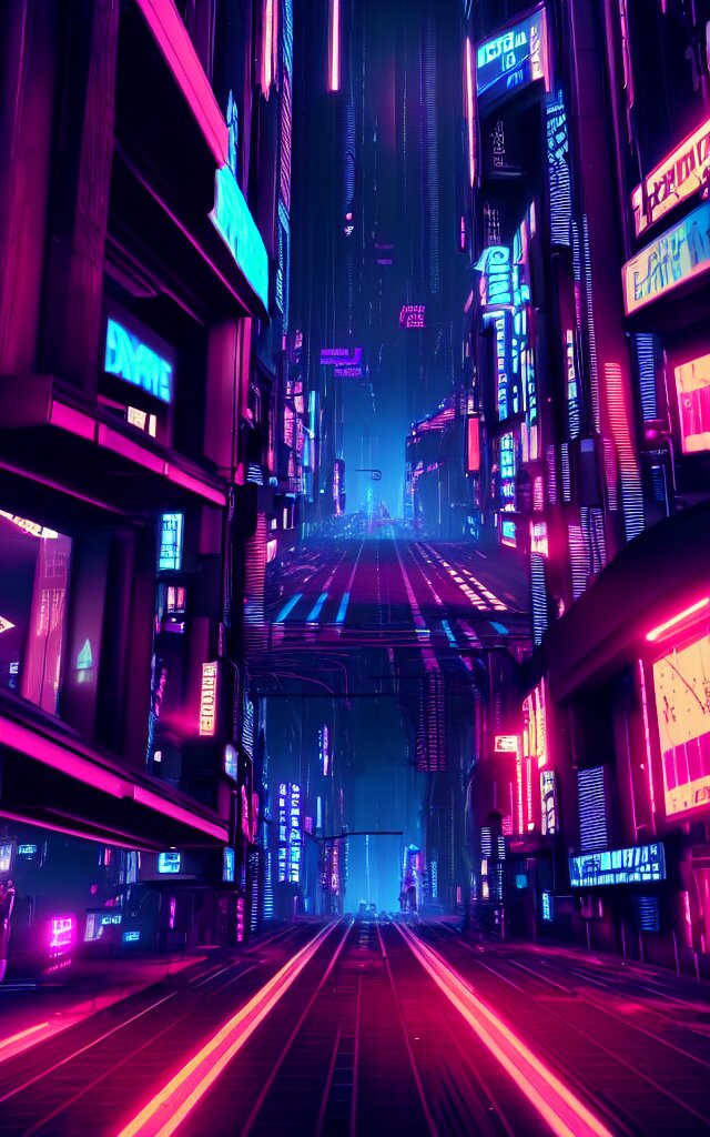 Magnificent Dark Neon Futuristic Cyberpunk City Busy Street at Night Made in Cinema4d