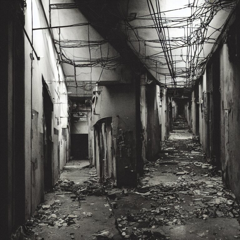 Dark Decaying Hallway in Cyberpunk Slums