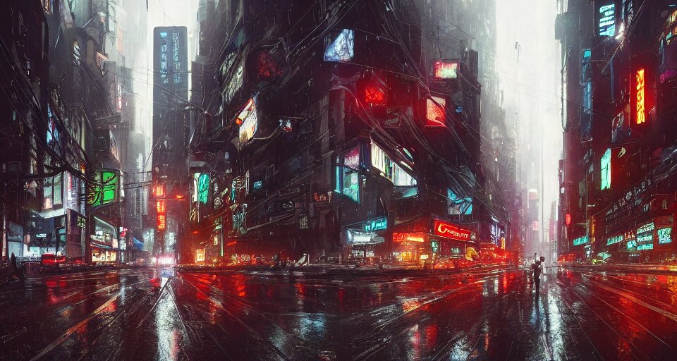 Crowded Rainy Cyberpunk City
