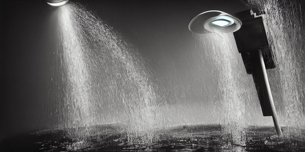 Surreal Photography of Water Flowing Around a Cyberpunk Street Light in Zero Gravity