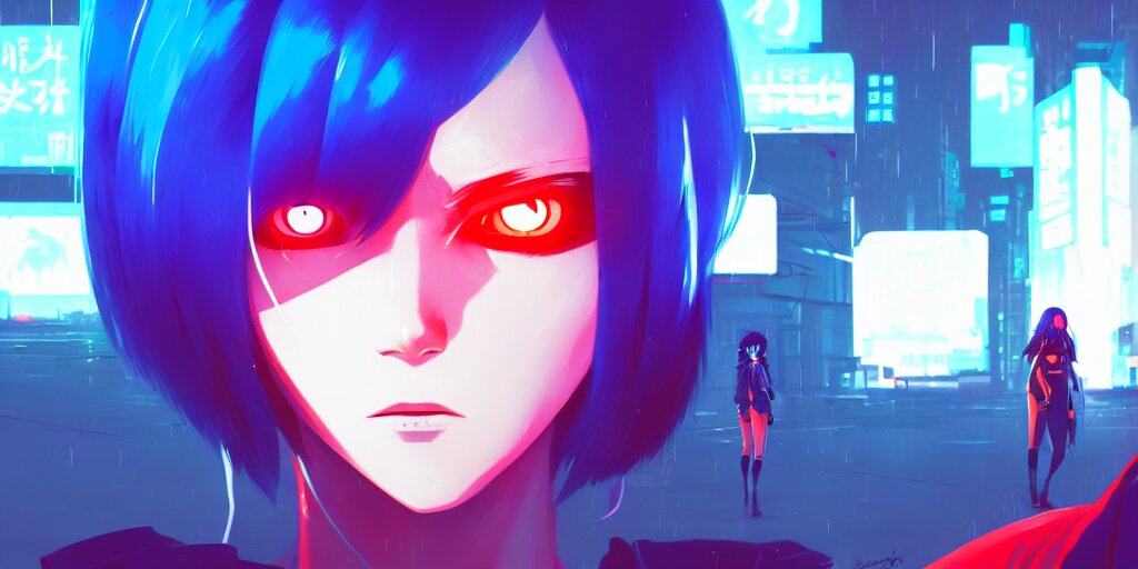 Digital Illustration Closeup of Cyberpunk Pretty Girl with Blue Hair