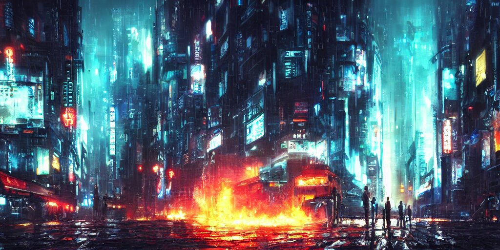 Bob Ross Style Painting of Androids Conquering a Cityscape on Fire