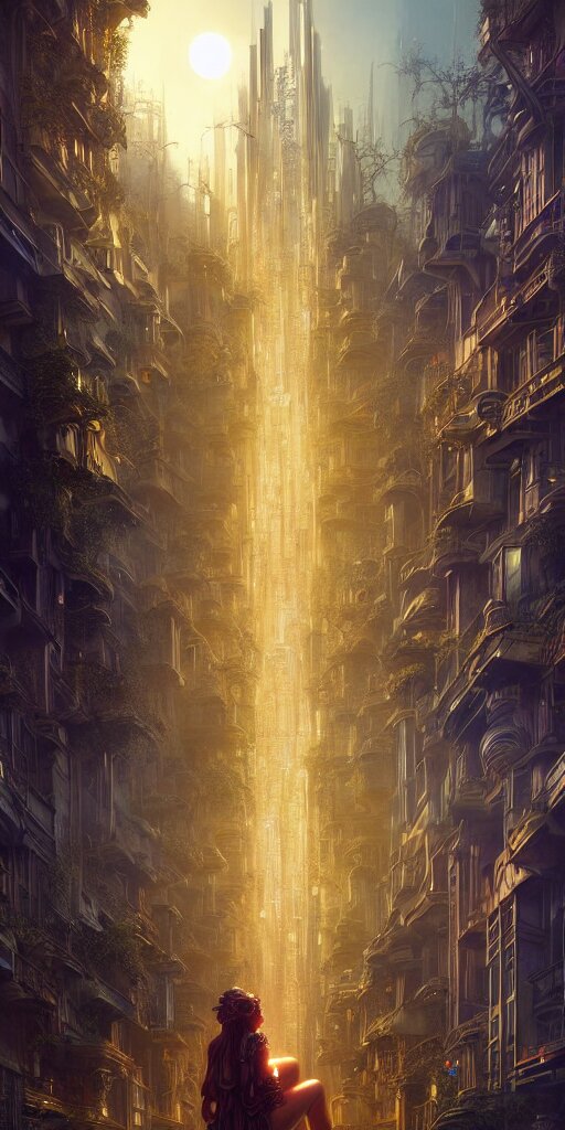 Golden Ornate Goddess Looking at a Hyper Realistic Cyberpunk City