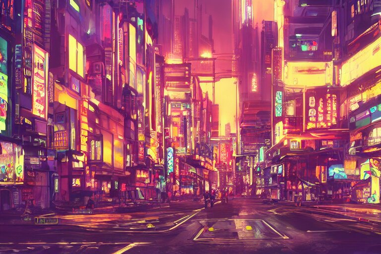 Beautiful Eye-level View of a Cyberpunk City Street in a Japanese Rainforest