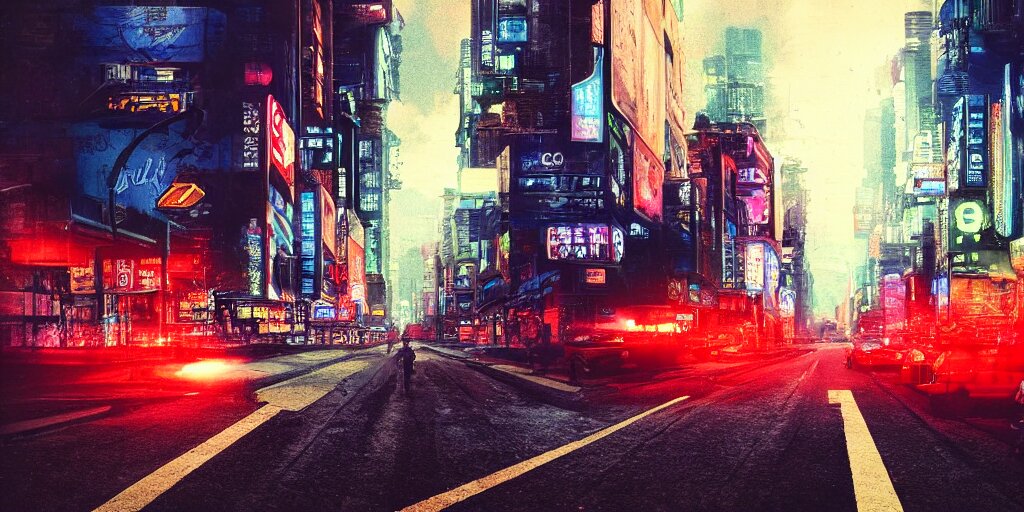 Detailed Analog Polaroid Photograph of a Futurist Cyberpunk City Street