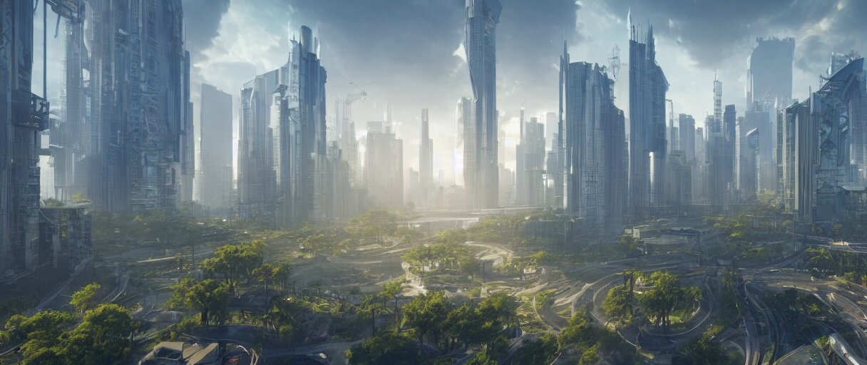 Wide Shot of a Hi-tech Sci-fi Solarpunk City