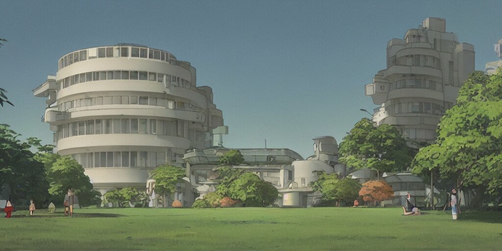 Solarpunk Round White Sci-fi Building in a City Park