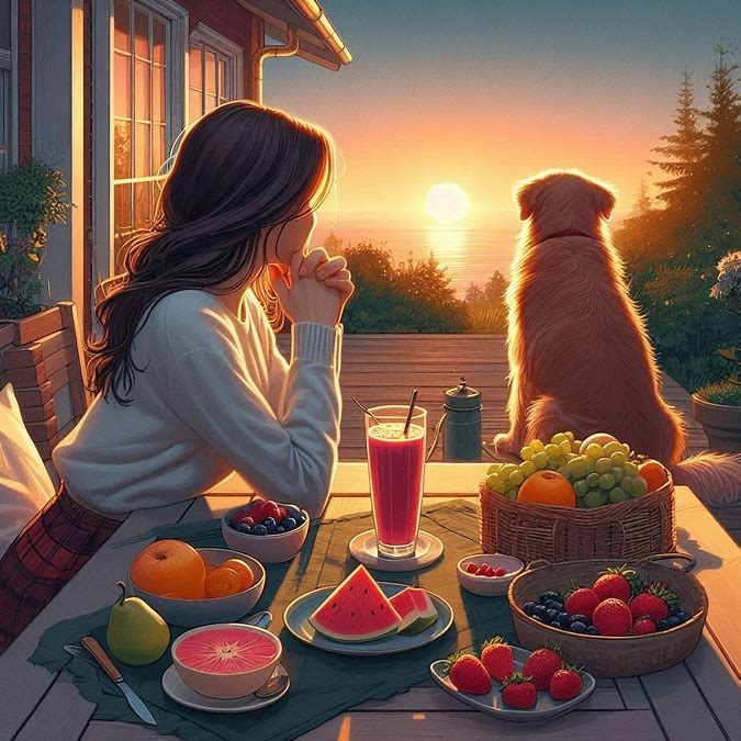 Woman on Porch with Fruit and Dog