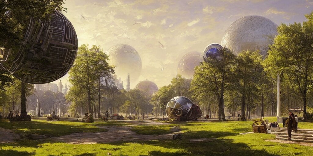 Solarpunk City and Park with a Glorious Spherical Sci-fi Building at its Centre