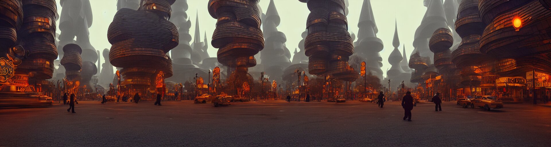 Man-on-the-street Photograph of a Dwarven City with Retrofuturist Art Deco Architecture
