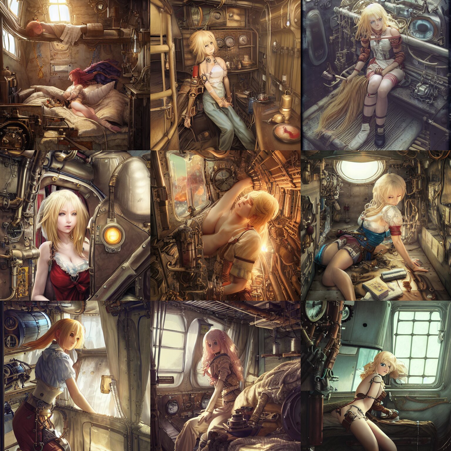 Portrait of a Blonde Female Airship Mechanic Waking Up in Her Cramped Bunk