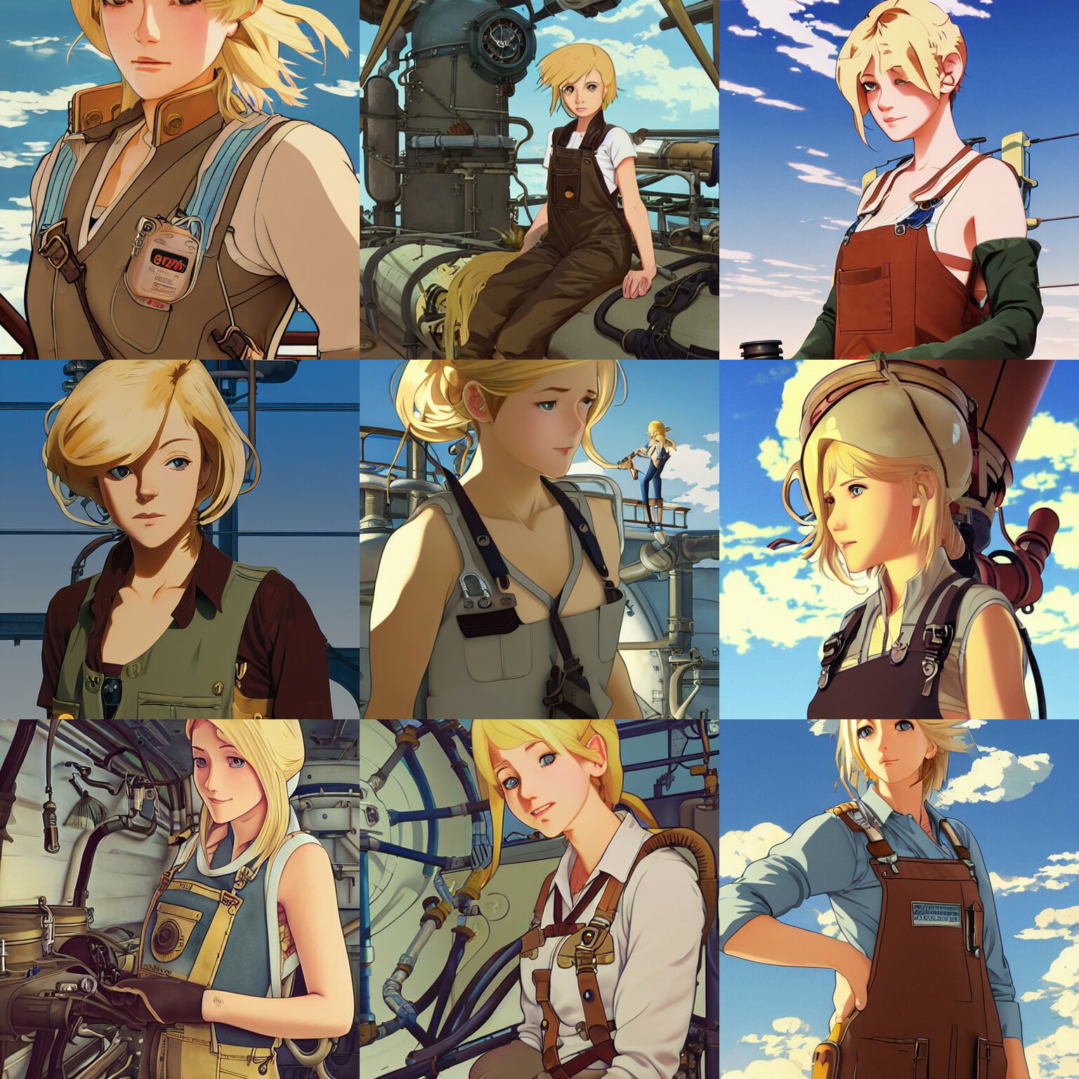 Blonde Female Airship Mechanic Wearing a Tank Top and Overalls Fixing Pipes Below Deck