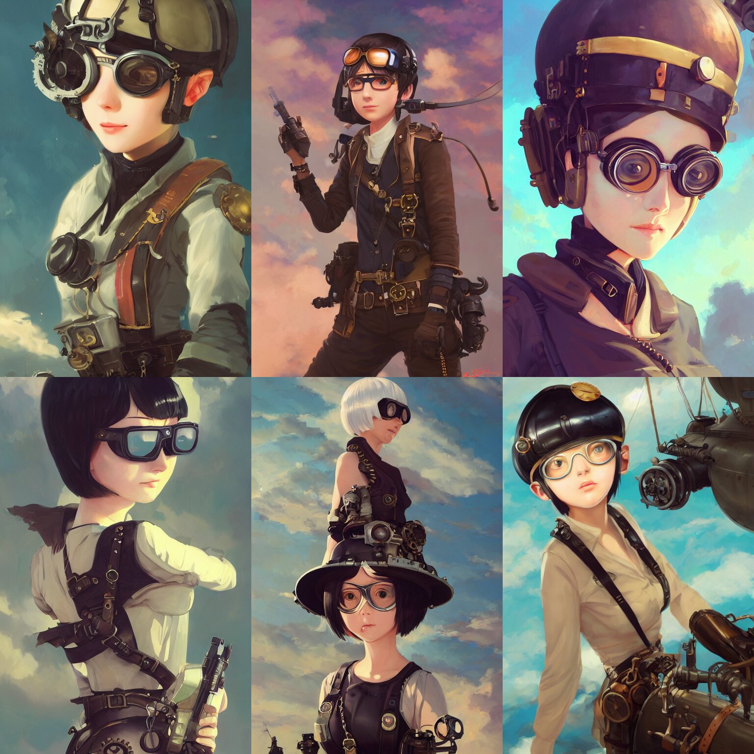 Cute Young Woman in an Air Pirate Outfit with Black Bob Cut Hair and Goggles