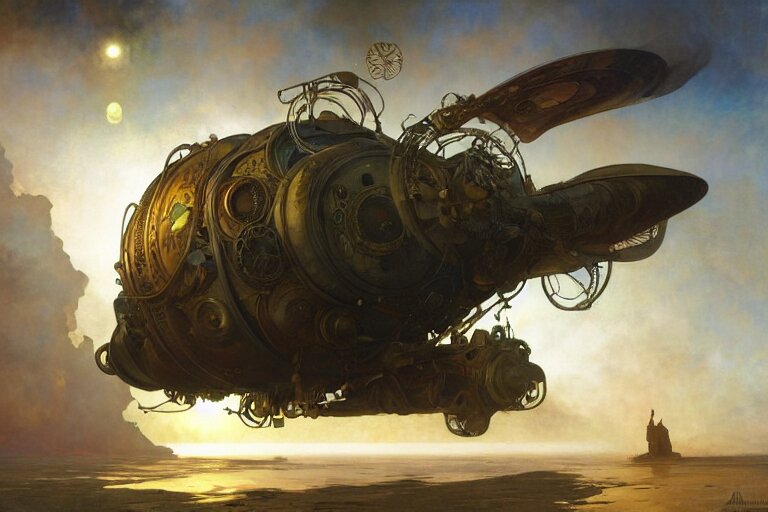 Steampunk Airship Emerges over the Horizon of an Alien Planet