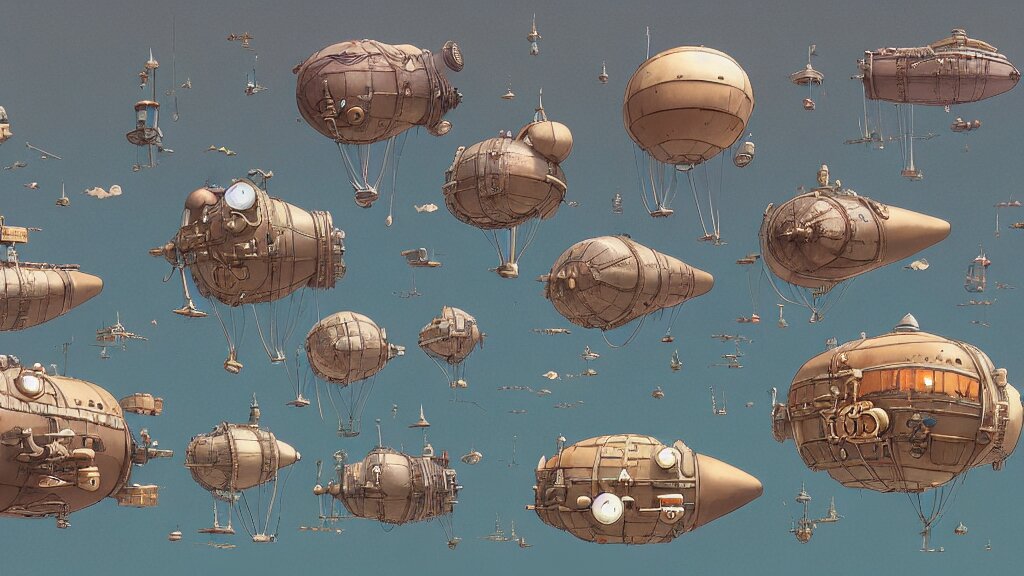 Illustrative Art of Various Small Steampunk Airships Flying Around the City