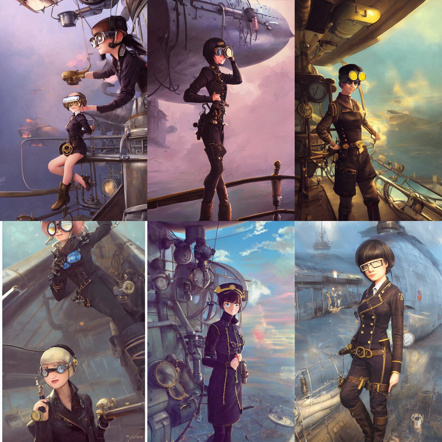 Cute Woman in an Air Pirate Outfit with Black Bob Cut Hair and Brass Rimmed Goggles