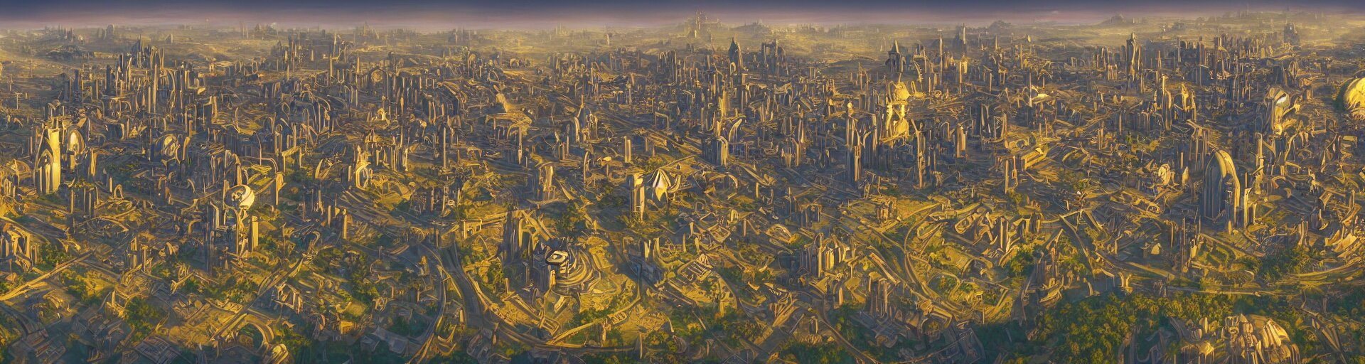 Wide Landscape Shot of a Dwarven City with Retrofuturist Art Deco Architecture