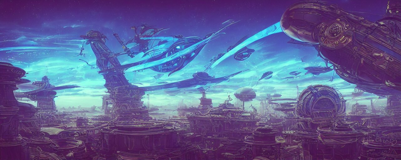 Steam Powered Airship Fleet Flying Towards a Massive Blue Crystal Tower