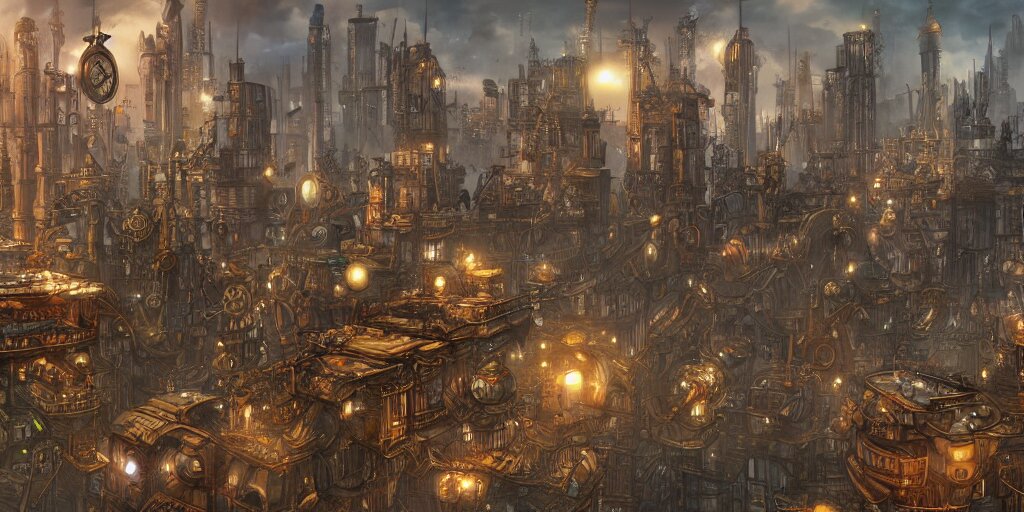 Busy Steampunk City Airships Cruising Across a Megapolis