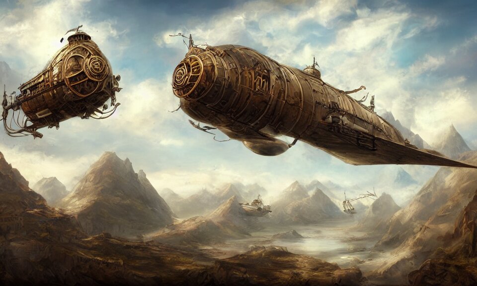 Steampunk Airship over Mountains