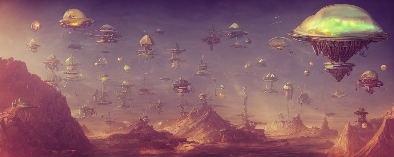 Steampunk Airship Fleet Flying Towards a Surreal Upside Down Pyramid