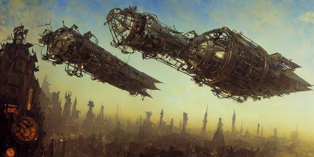 Steampunk Airship Emerges over the Horizon of a Bladerunner City