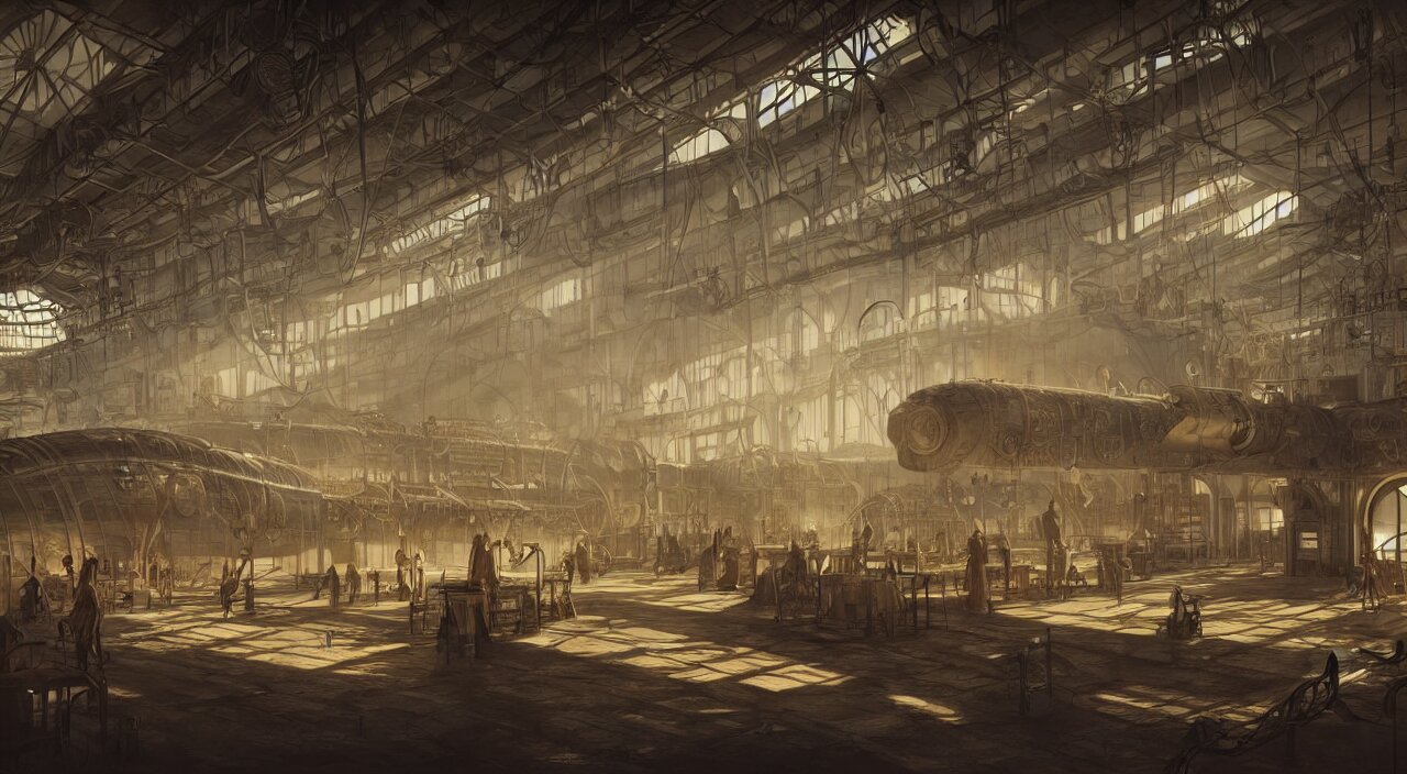Realist Illustration Inside an Airship Factory