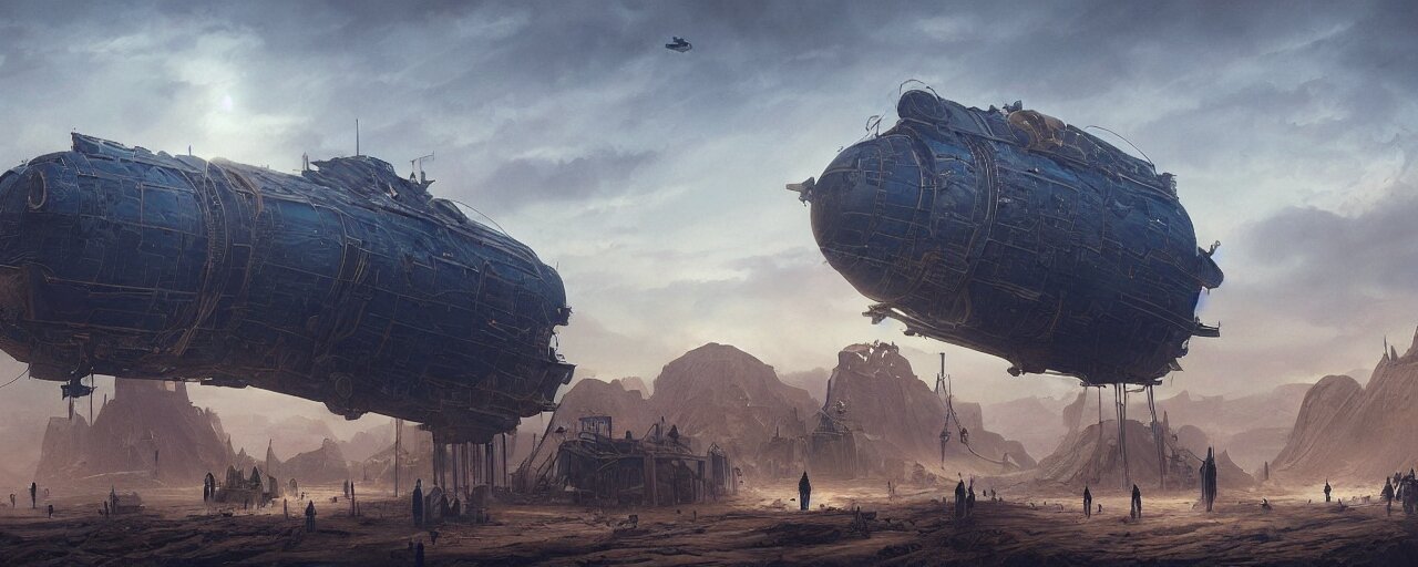 Dark Blue Glowing Desert with Old Steampunk Airship as the Subject