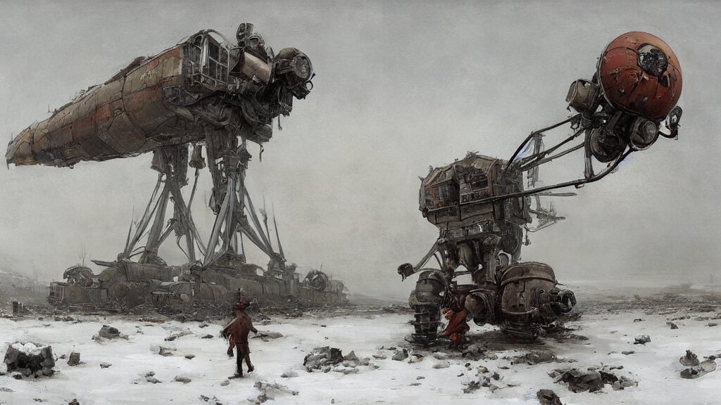 1920's Broken Down Bipedal Walker Mech in the Snowy Tundra