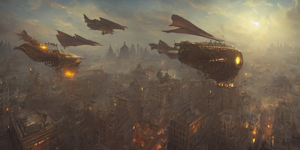 James Paick a Steampunk Airship Hovers over the City