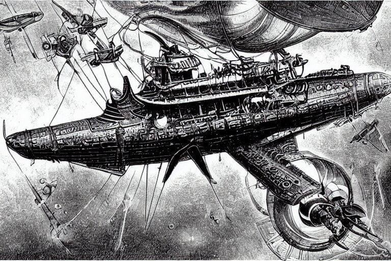Detailed Drawing of a Steampunk Spelljammer Flying Airship