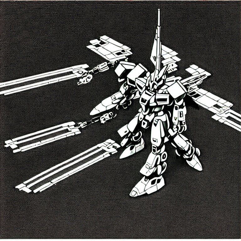 Black and White Drawing of Gundam Mech Equipment Space Station
