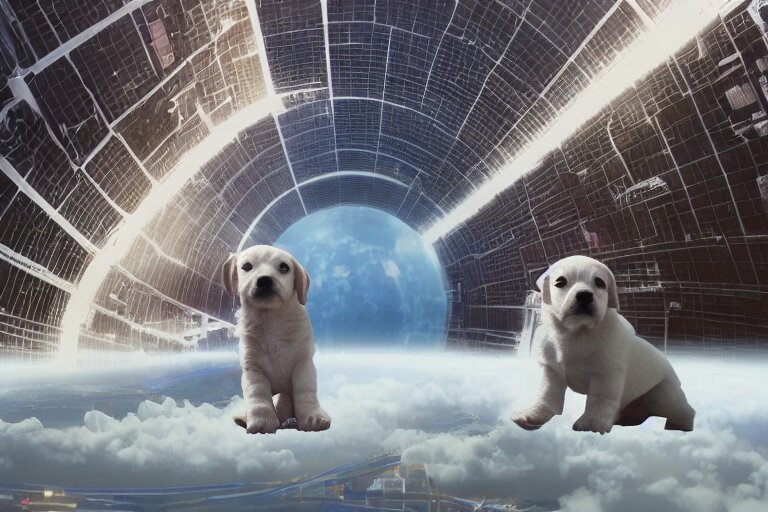 Puppy Looking in Awe at a Huge City in a Massive Cylindrical Space Station