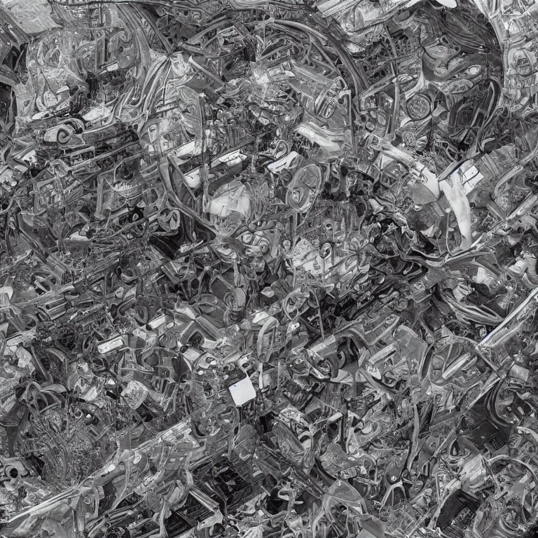 Black and White Drawing of a Chrome Intrernational Space Station Filled with Equipment
