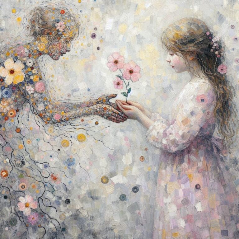 Girls Touching with Blooming Flowers
