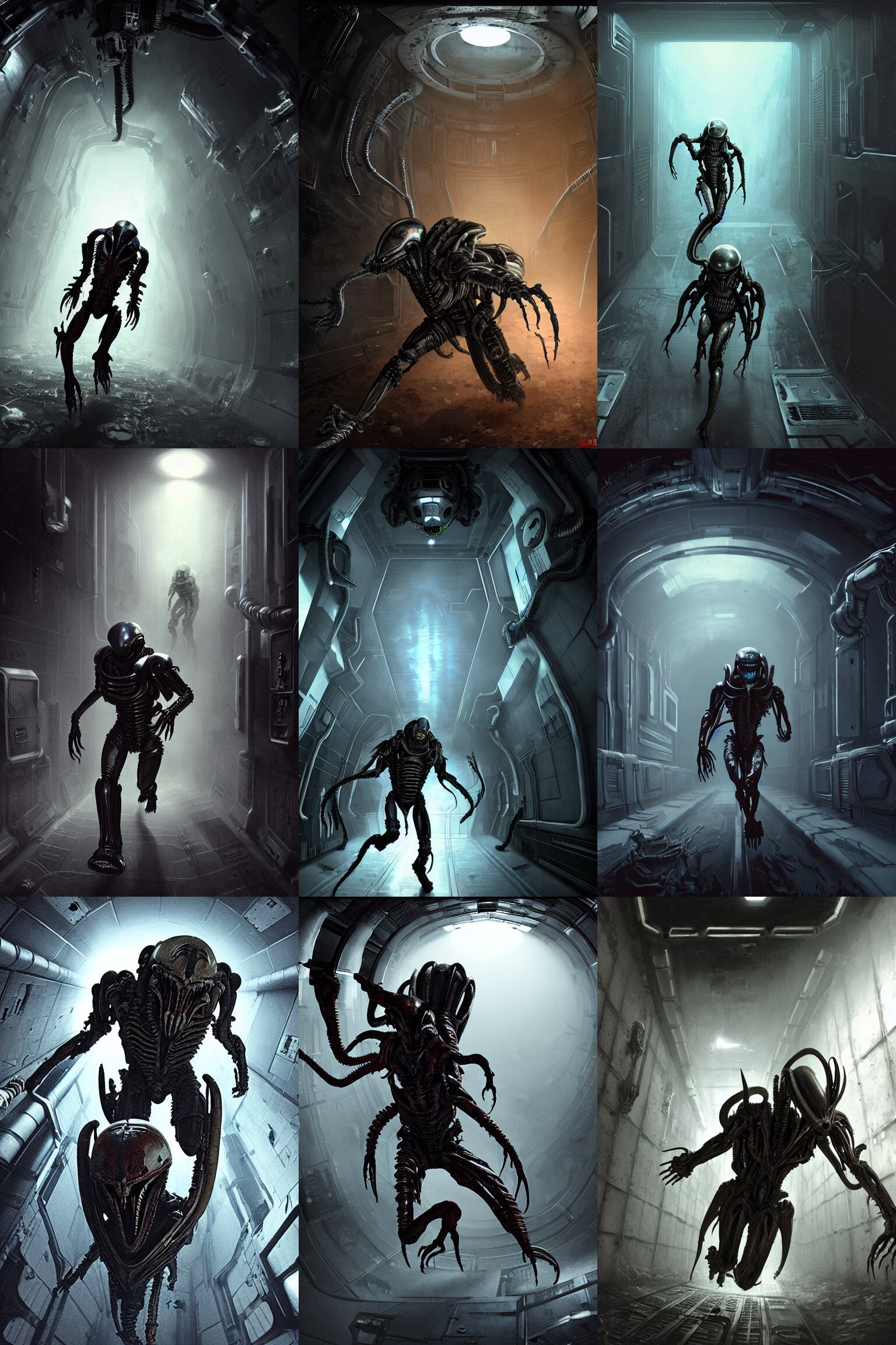 Horror Movie Scene of an Individual in Futuristic Armor Being Chased Down a Hallway