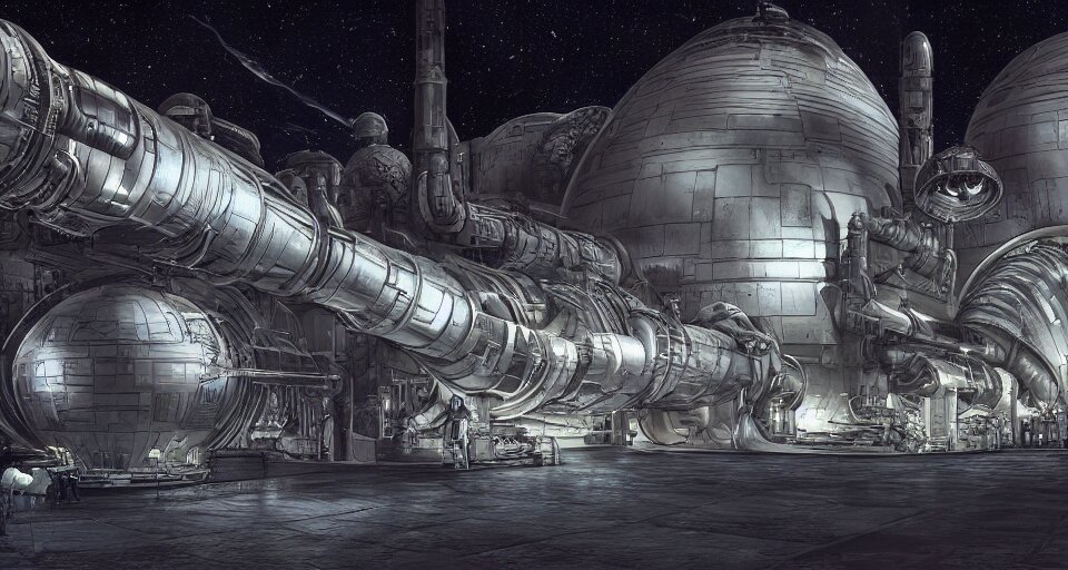Dark Exterior Landscape Shot of Jabbas Pallace with Bright City Lights