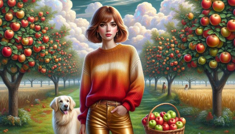 Woman and Dog in Apple Grove Painting