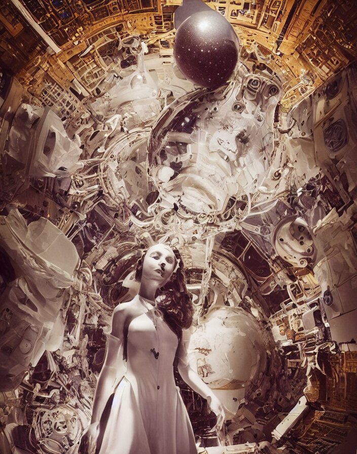 Detailed Woman Stands Among the Space Station Wearing in a Beautiful Singular Subject