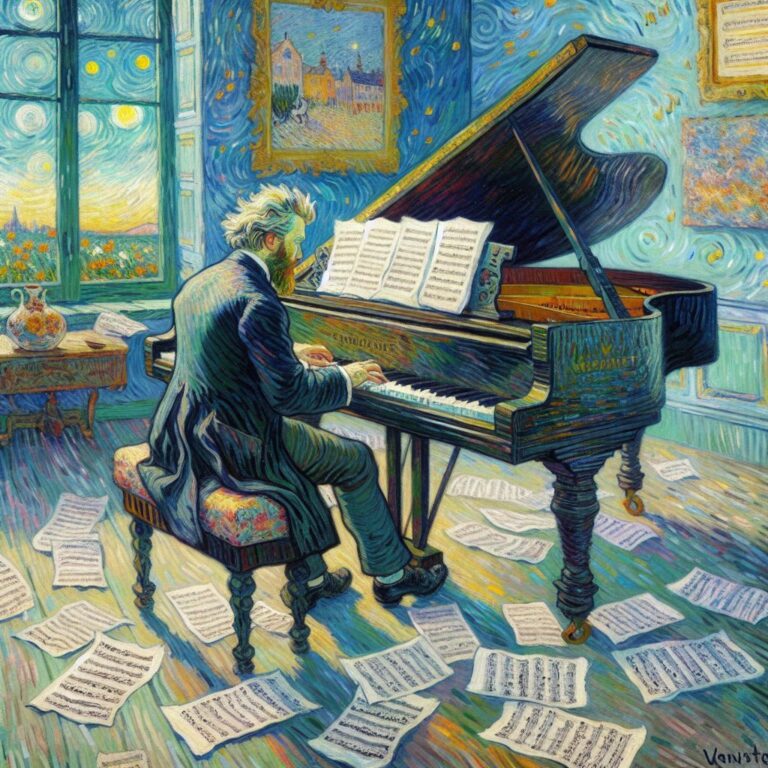 Mozart Playing Piano Van Gogh Style