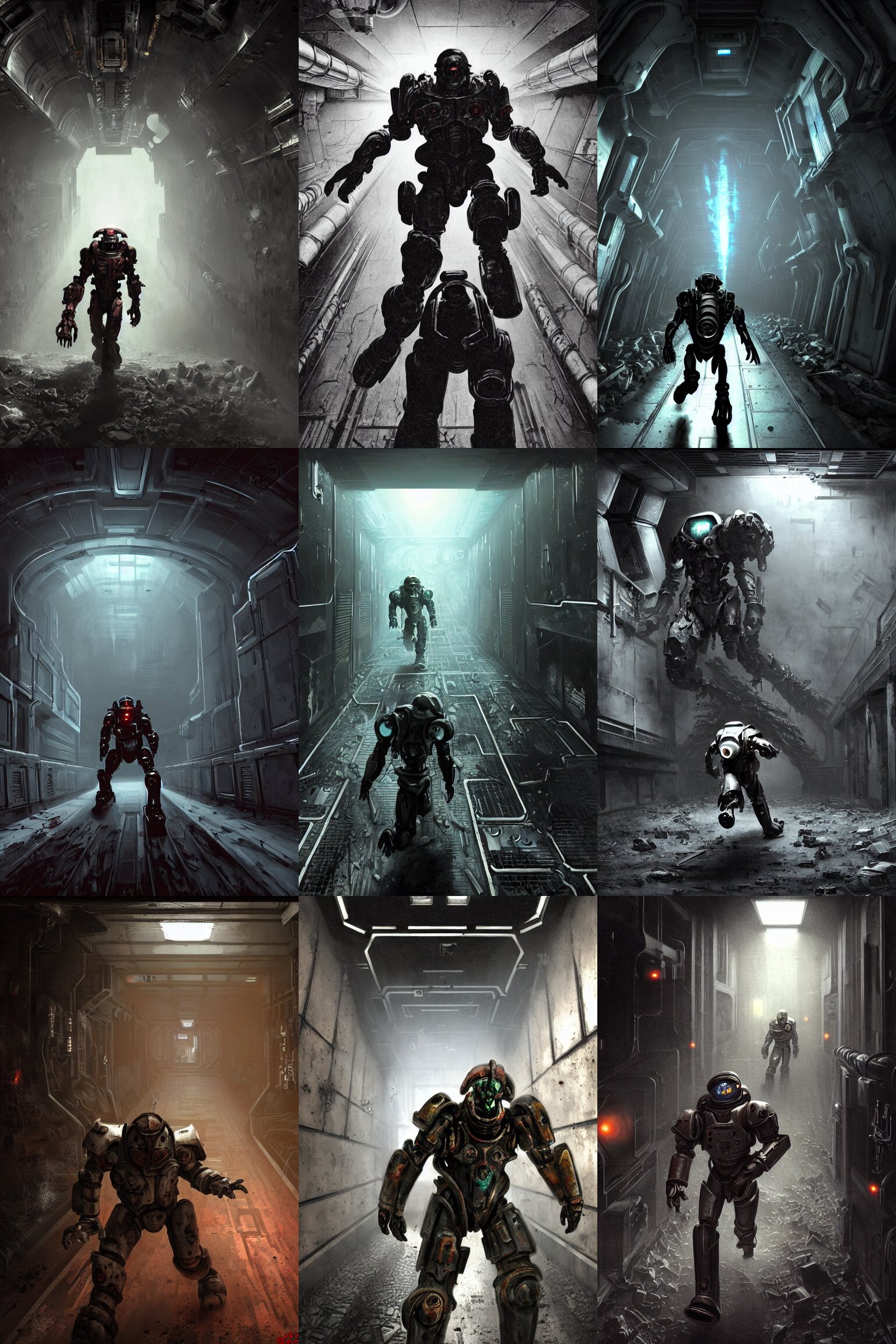 Horror Movie Scene of an Individual in Futuristic Power Armor Being Chased Down a Hallway