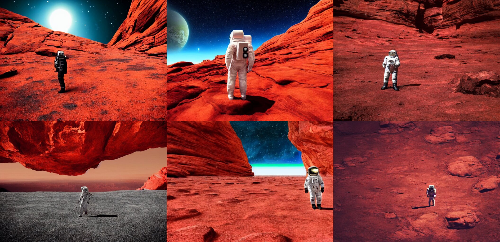 Astronaut is Standing on an Alien Empty Planet Full of Red Rocks
